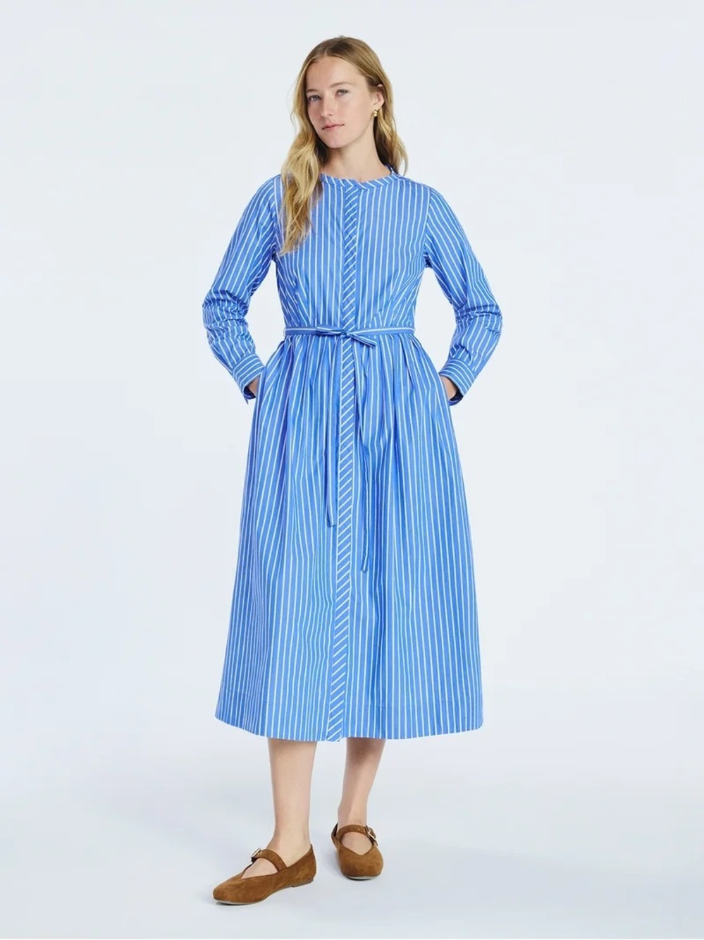 Free Assembly Blue White Striped Midi Shirt Dress Belted Coastal Old Money